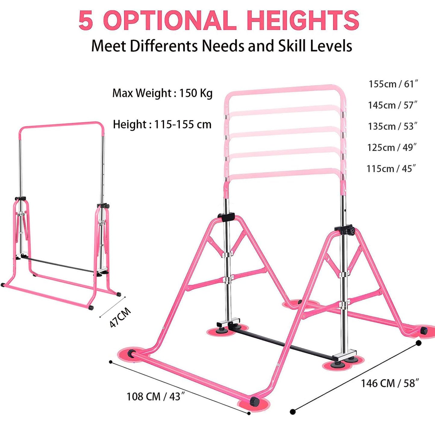 FCOUMY Gymnastics Bar for Kids, Junior Training Kip Horizontal Bar Gymnastics Equipment for Home, Adjustable Telescopic Height Folding Horizontal Bar