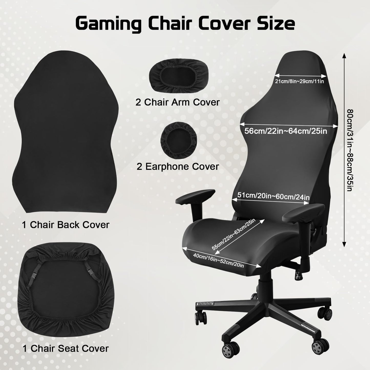 6Pcs Gaming Chair Set - Soft Breathable Black Stretch Cover & Arm & Headphone Accessories for Office & Computer Swivel Chairs