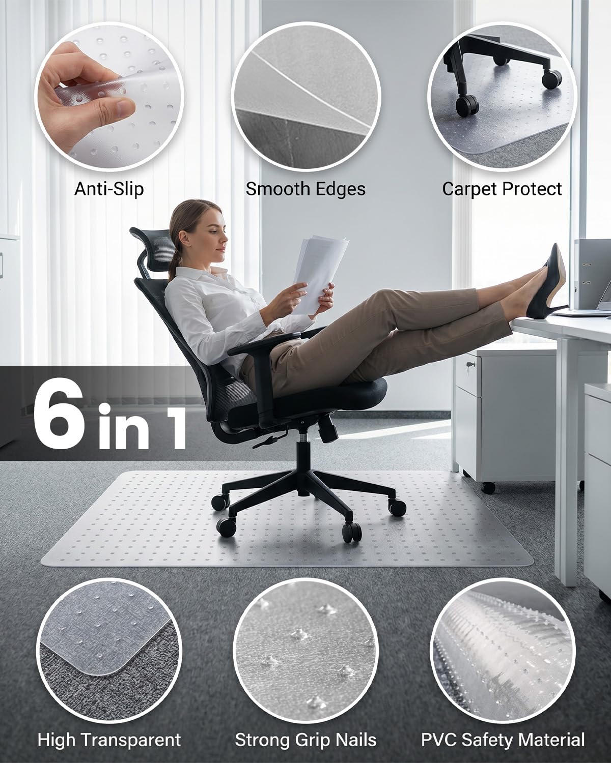 PVC Office Chair Mat for Hard Floors, Non-Slip Clear Desk Chair Mat, Thick Plastic Floor Protector for Wood, Tile, Laminate - 75x120 cm(2.5'x4')