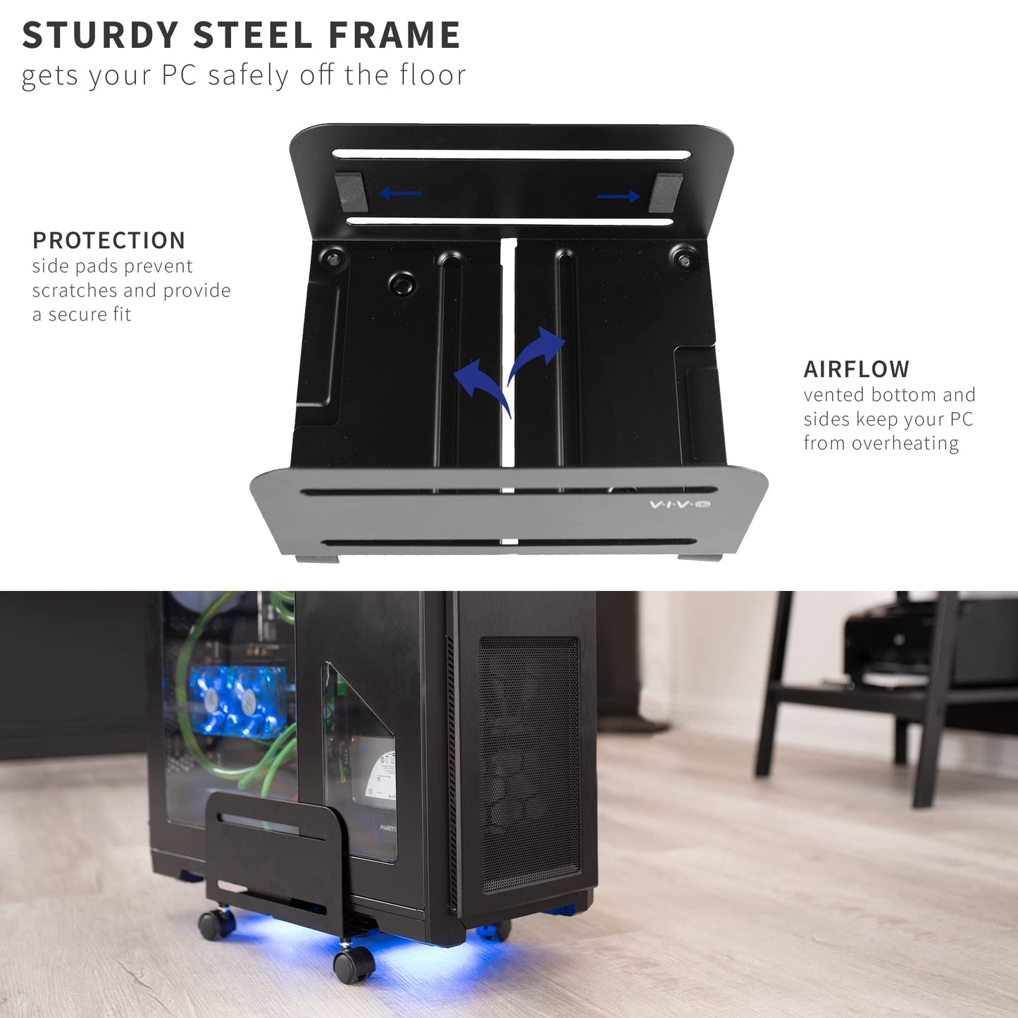 VIVO Large Computer Tower Desktop ATX-Case, CPU Steel Rolling Stand, 7.8 to 14 inch Wide Adjustable Mobile Cart Holder with Locking Caster Wheels