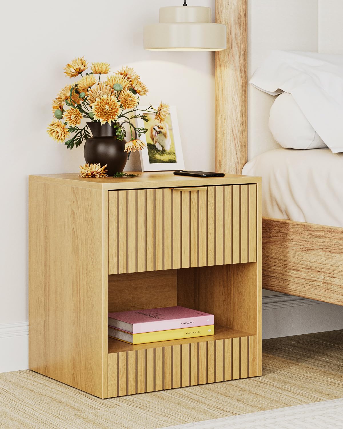 Apetaccat Bedside Table,45x38x49cm, Farmhouse Wooden Bedside Cabinet with Drawer,Kids Bedside Table Nightstand for Bedroom,Living Room,Office,Oak
