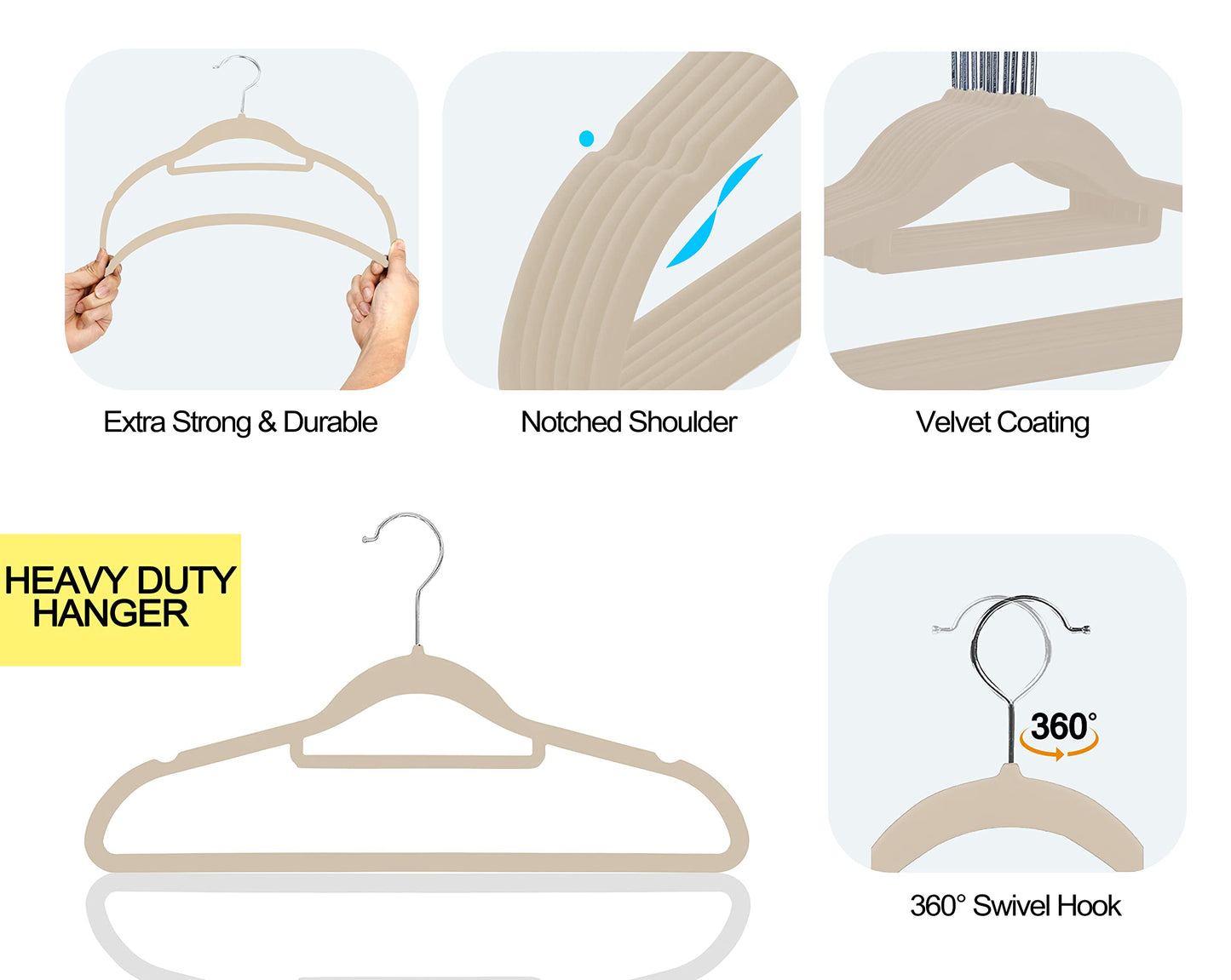 GVTECH Premium Velvet Hangers, [50 Pack] Non Slip and Heavy Duty Velvet Suit Hangers (45cm) with Tie Bar, 360° Swivel Hooks, Sturdy to hold Jumper