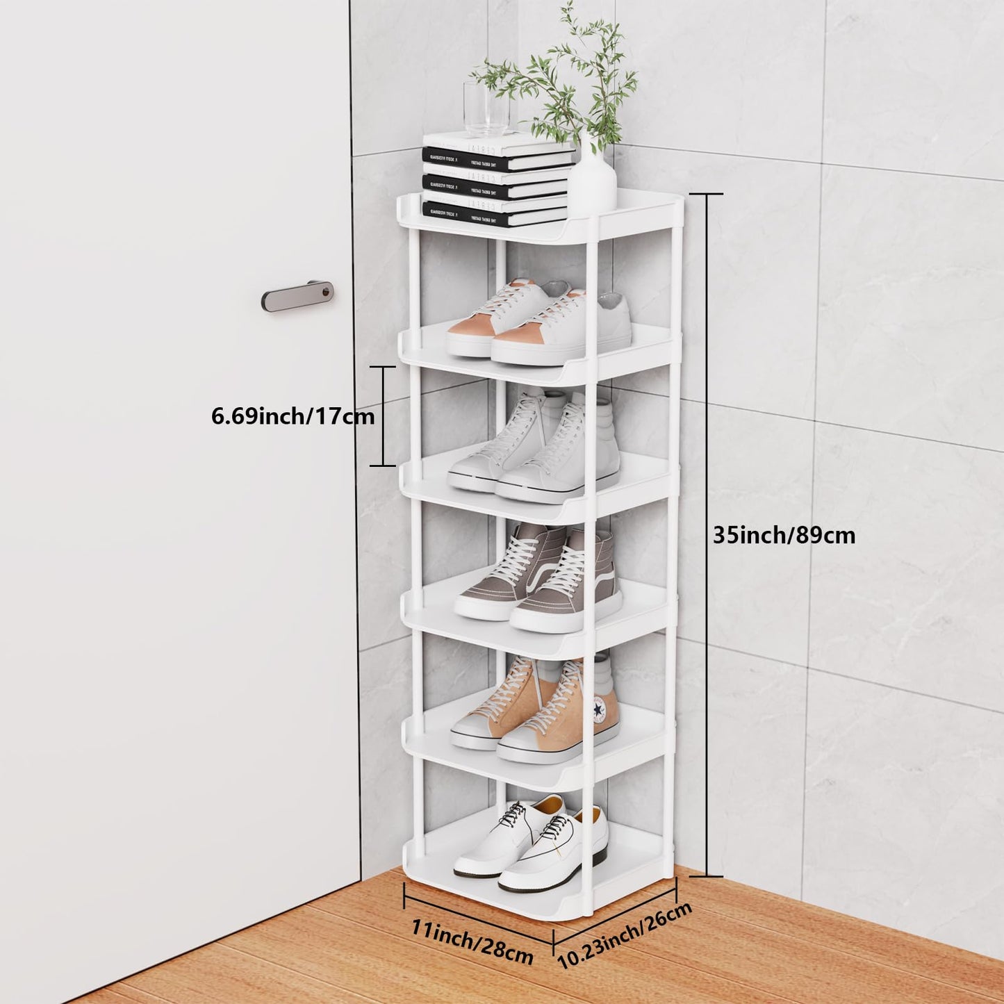 Altdnmaf 6 tier Narrow Shoe Storage Rack, Compact Single Shoerack Stand for Slim Space, Stackable Tall Thin Show Tower, Solid Plastic Shelves