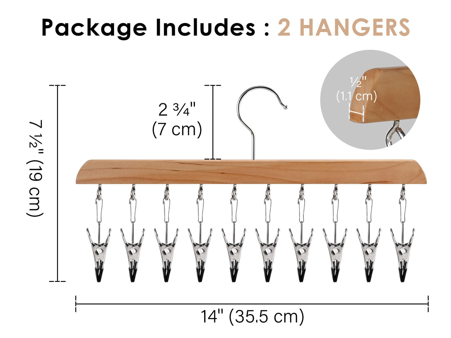 StorageWorks Hat Rack, Set of 2 Wooden Hangers with Adjustable Stainless Steel Clips, Heavy Duty Wardrobe Organiser and Storage for Baseball Caps
