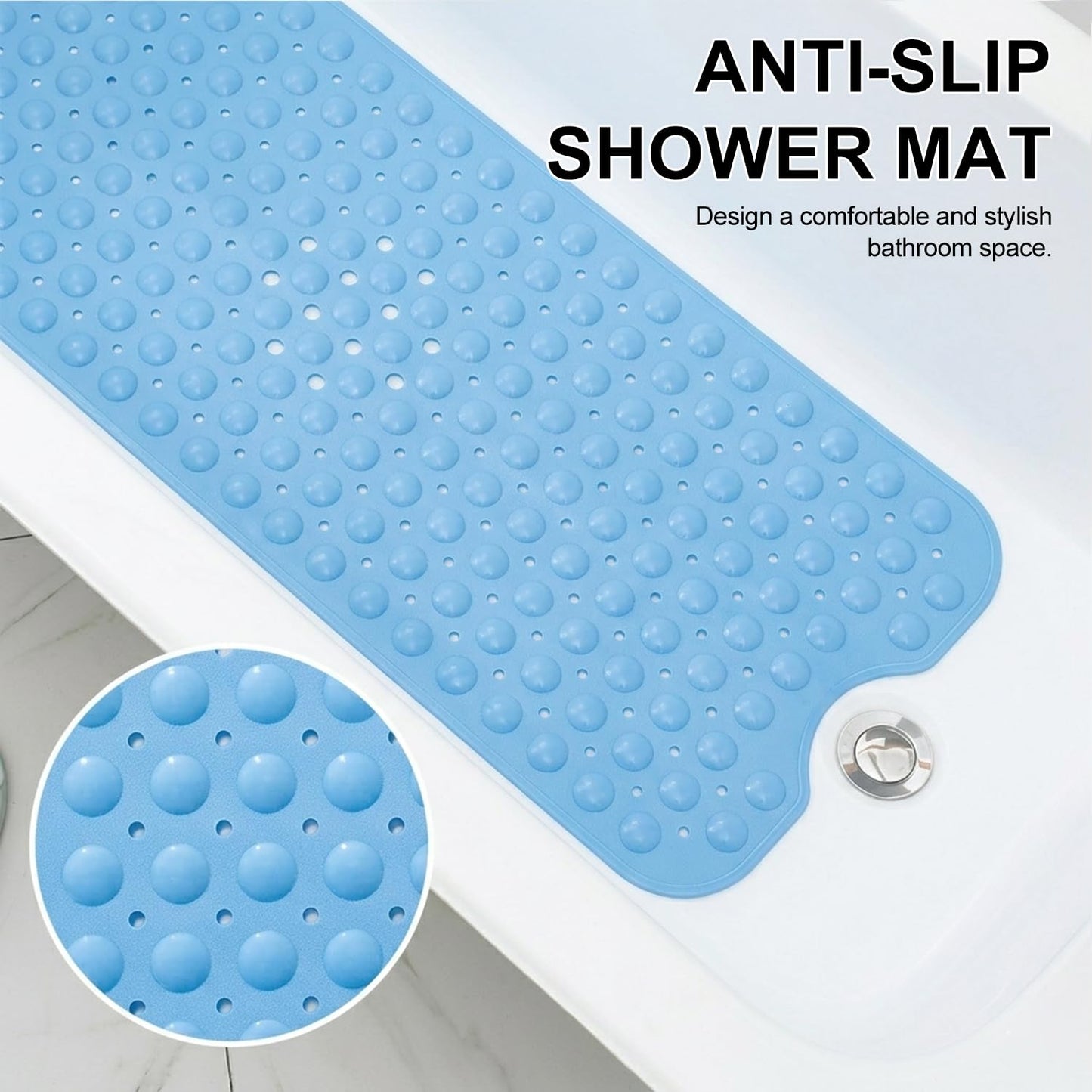 Myouhuo Non Slip Bath Mat for Tub, 100 x 40cm Extra Long Shower Mat Anti Mould, Machine Washable Bathroom Bathtub Mat with Suction Cups and Drain