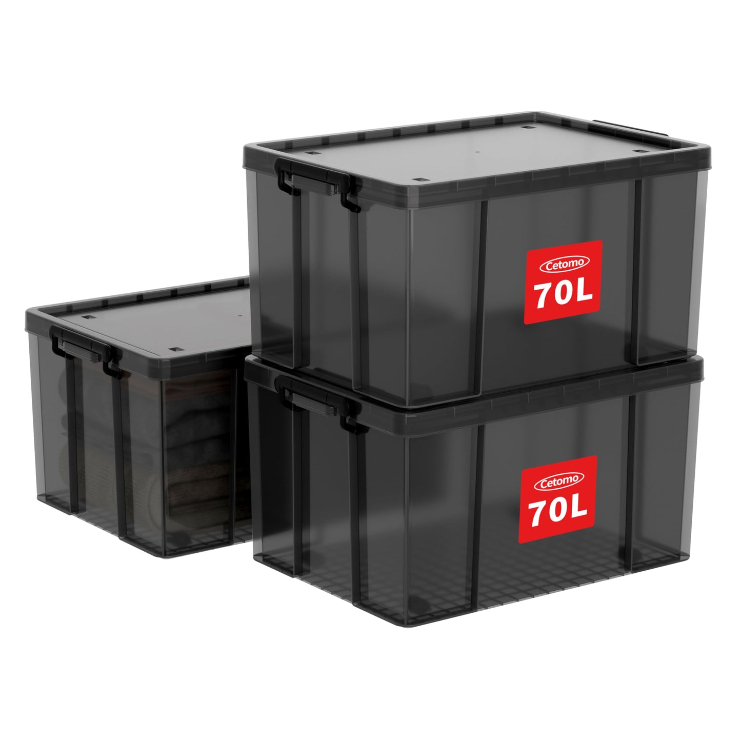 Cetomo 70L*3 Heavy-Duty Storage Boxes, Plastic Stackable Storage Box with Wheels, Storage Bins with Reinforced Corners