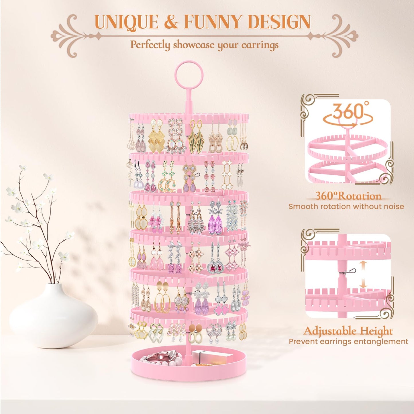 iDavosic.ly 6 Tier Rotating Earring Holder Organizer with Metal Tray, Pink