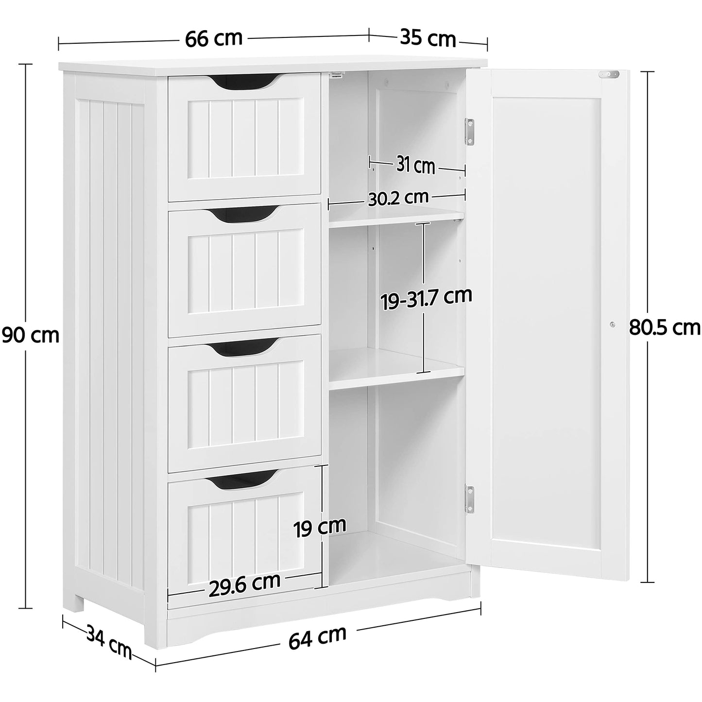 Yaheetech Large Bathroom Cabinet with 4 Drawers & Door, Adjustable Shelf
