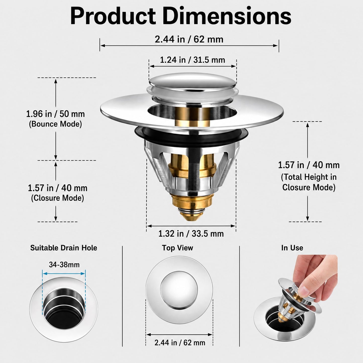 Boyfiled Sink Plug Replacement, Brass Bath Basin Plug Filter with Basket Hair, 34-38mm Universal Pop Up Basin Stopper for Bathroom