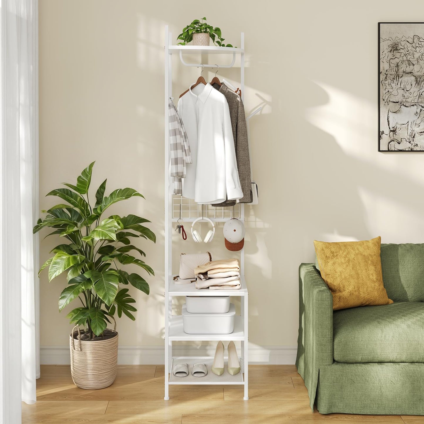 HOOBRO Corner Coat Stand, Coat Stands for Hallway, Freestanding Coat Rack with 5 Hooks and 4 Shelves, Clothes Rail with Hanging Rail, S-Hooks