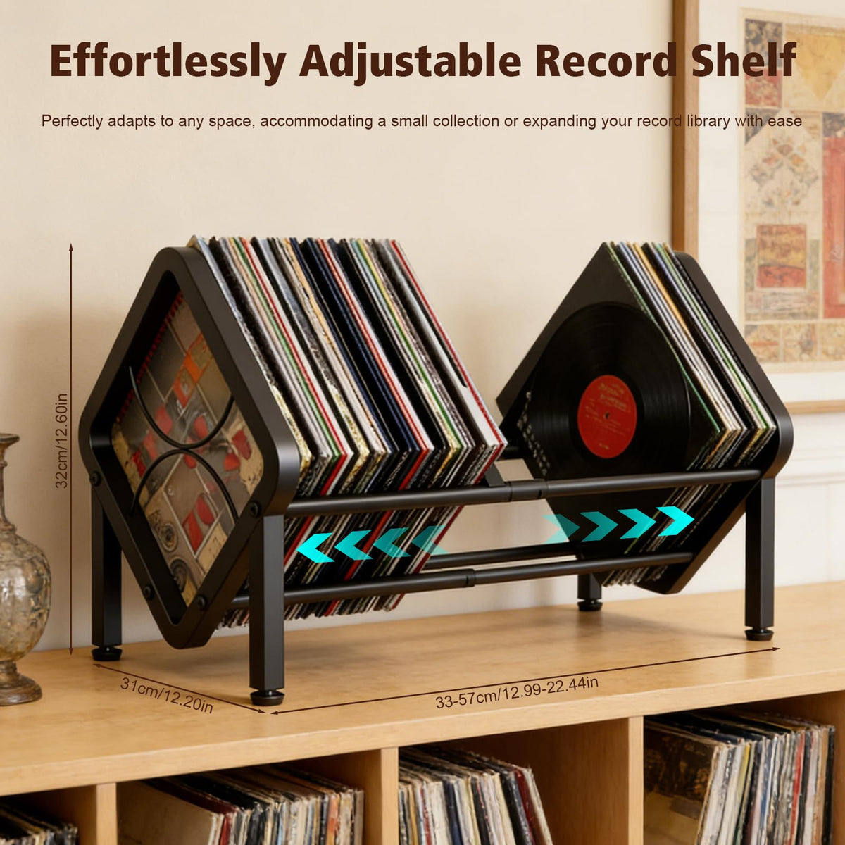 Expandable Vinyl Record Storage Rack, Holds 40-60 LPs, Easy Assembly