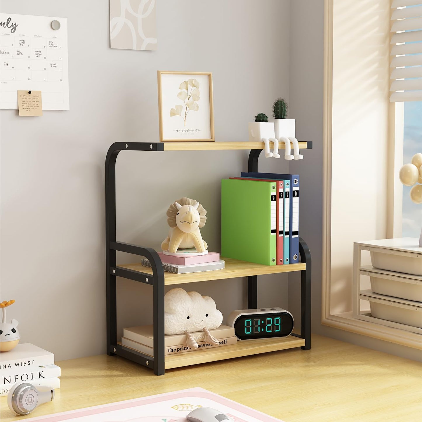 Numjeg Wood Desktop Bookshelf 3-Tier Rack Black Metal Frame Supplies Storage Bookcase Suitable Office Desk Shelf Organizer Shelf for Top of Desk and