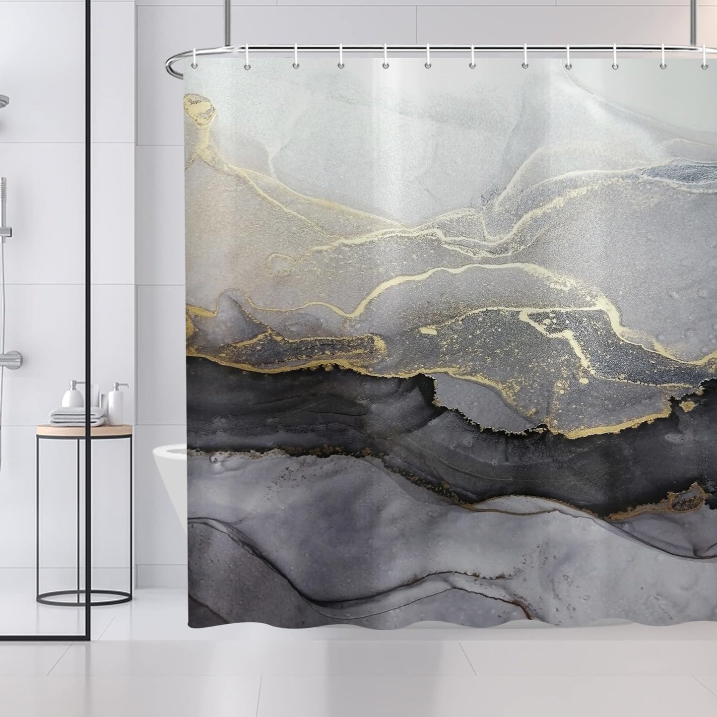 ASDCXZ Shower Curtain Marble 180x200 cm, Modern Abstract Grey Black Gold Marble Optic Texture Washable Fabric Shower Curtains Polyester Textile