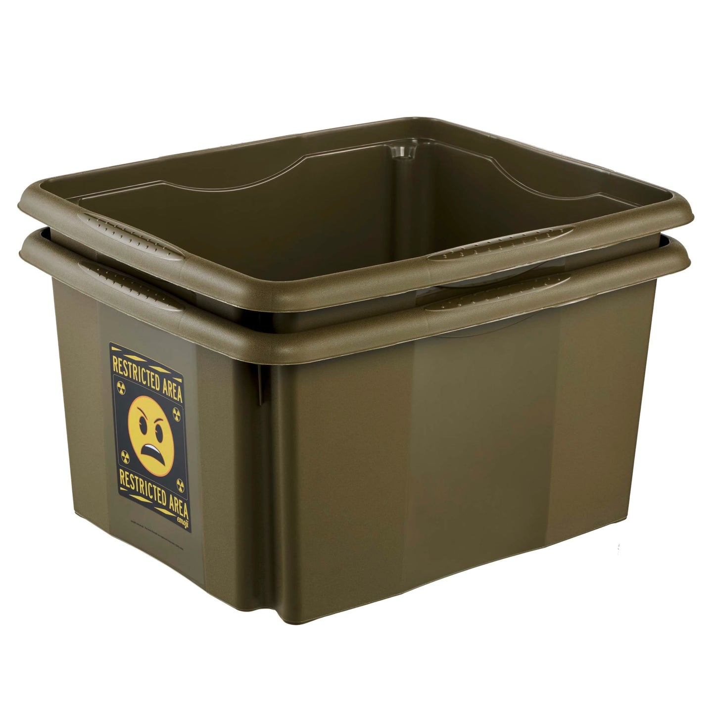 keeeper karolina storage box with lid, 24 l, rotatable and stackable, Emoji Danger design, For children, olive green (Olive)