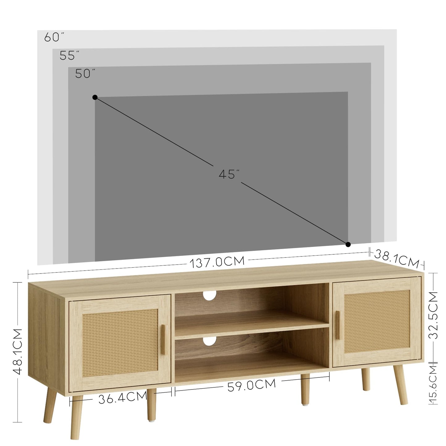 HEYZOEY Oak TV Stand, Rattan Doors, 2 Cabinets, Wood Legs, up to 65 in