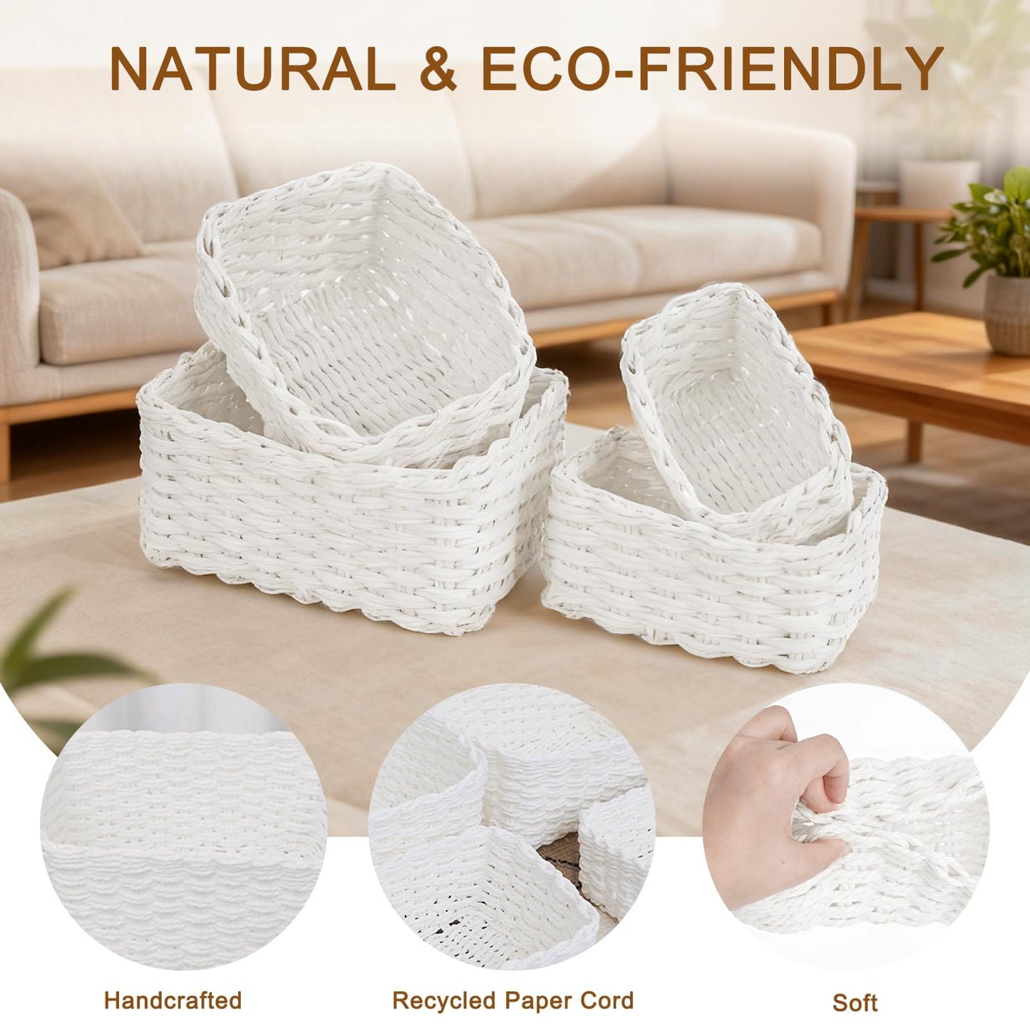 Purecas Woven Storage Baskets 4-Piece Set Stackable Paper Rope Baskets Boho Decor Organiser Box for Nursery Changing Table Living Room Kitchen