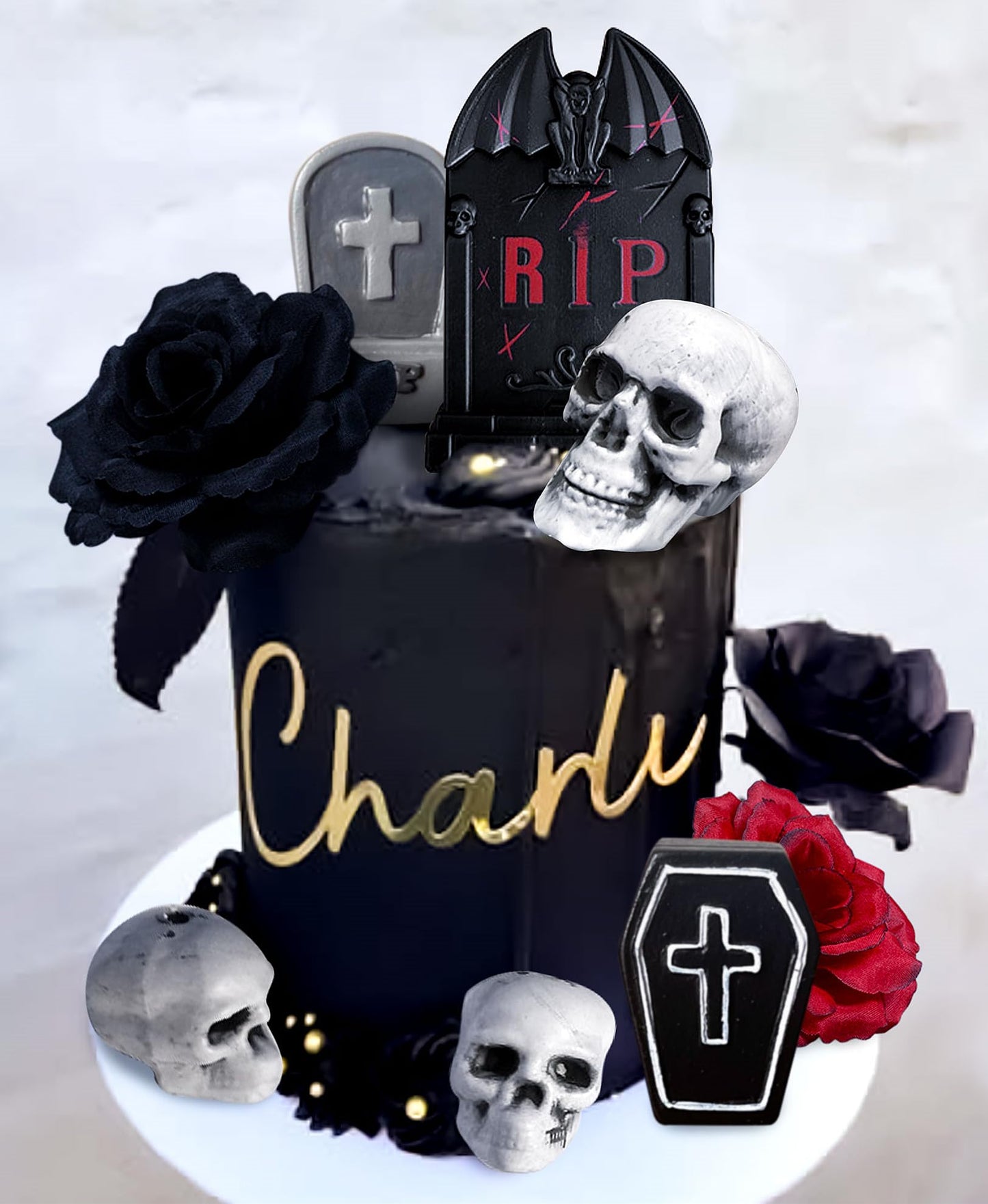 JeVenis Black Red Gothic Cake Decorations Rose Cake Toppers Rip Cake Decoration Death Cake Decoration Gothic Birthday Decoration Gothic Party Supplies