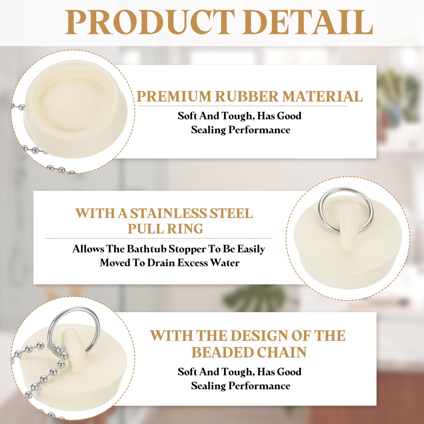 PATIKIL Tub Drain Stopper, 3Pcs for 1-1/2" Rubber Bath Tub Drain Sink Stopper with Pull Ring Stainless Steel Beaded Chain for Kitchen Sink Bathroom