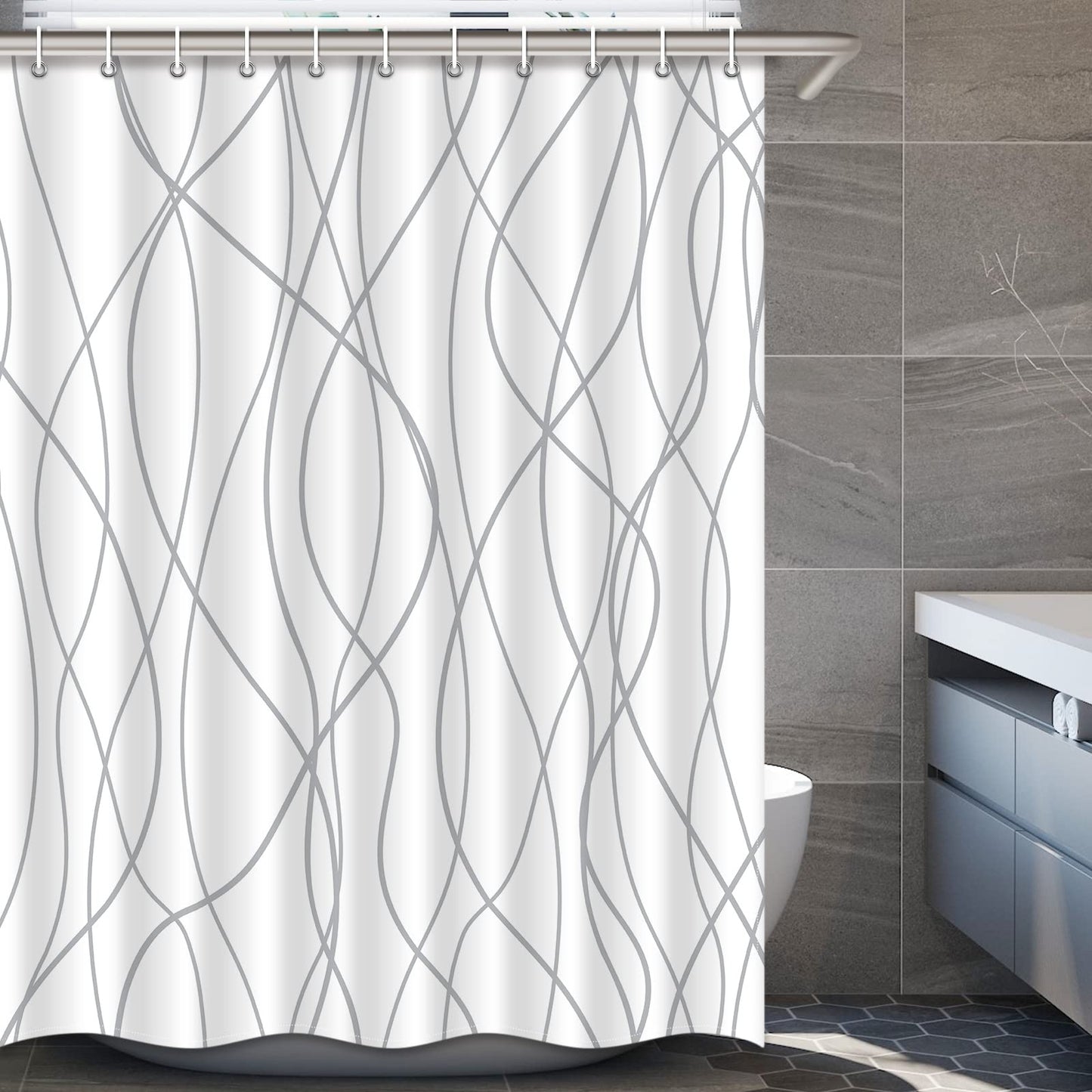 Punkray Grey and White Striped Fabric Shower Curtain for Bathroom with 12 Hooks, Shower Curtains for Bathroom