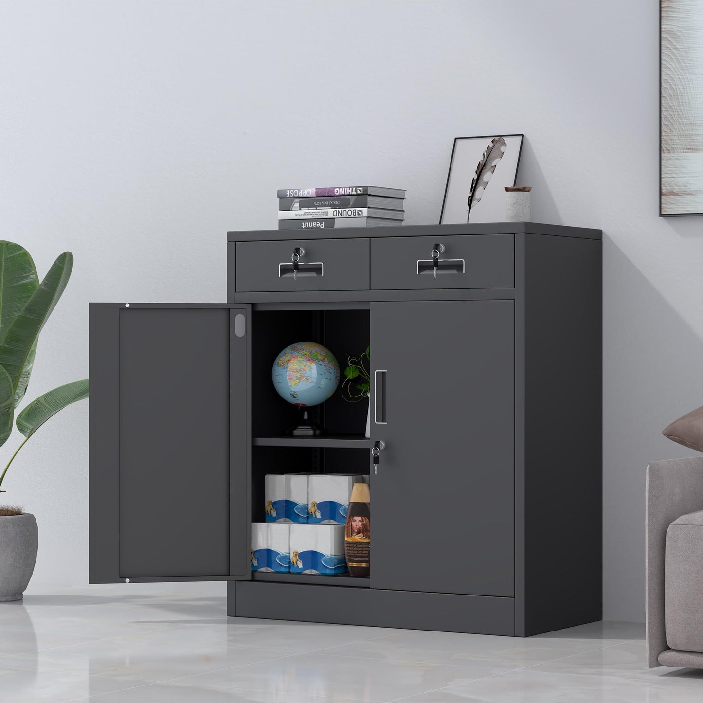 JINGUR Metal Storage Cupboard with Locking Doors and 2 Drawers (Black)