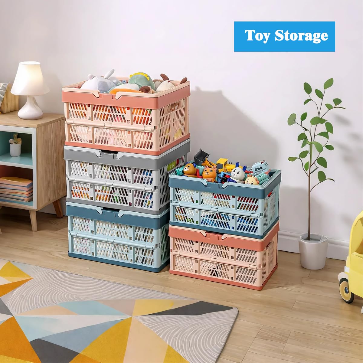 Taodyans Collapsible Storage Crate with Handles, Milk Crates, Foldable Plastic Shopping Basket, Organizer Container for Car Home Pinic