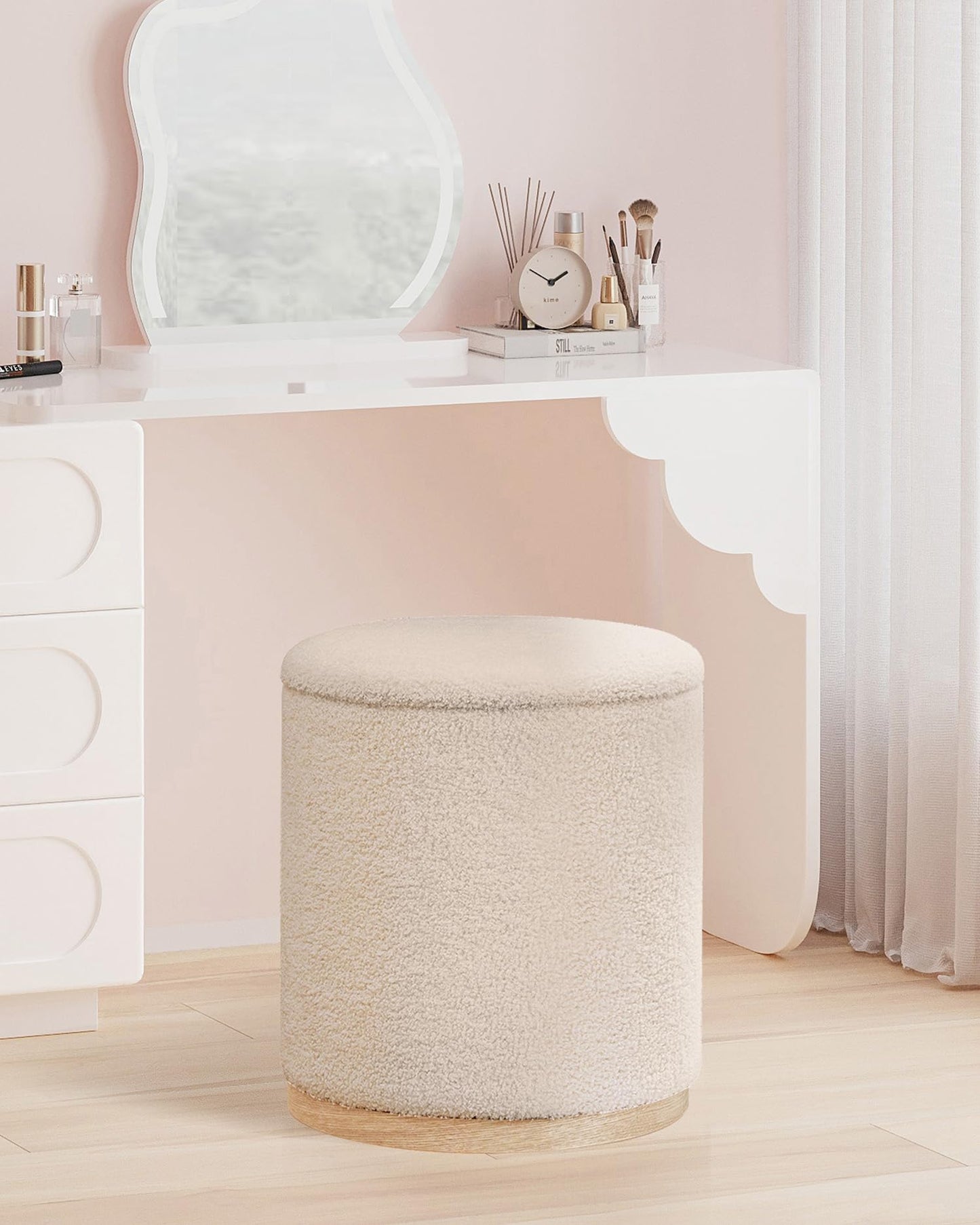 Bonlife Set of 2 Round Ottoman with Tray, Vanity Stool with Storage