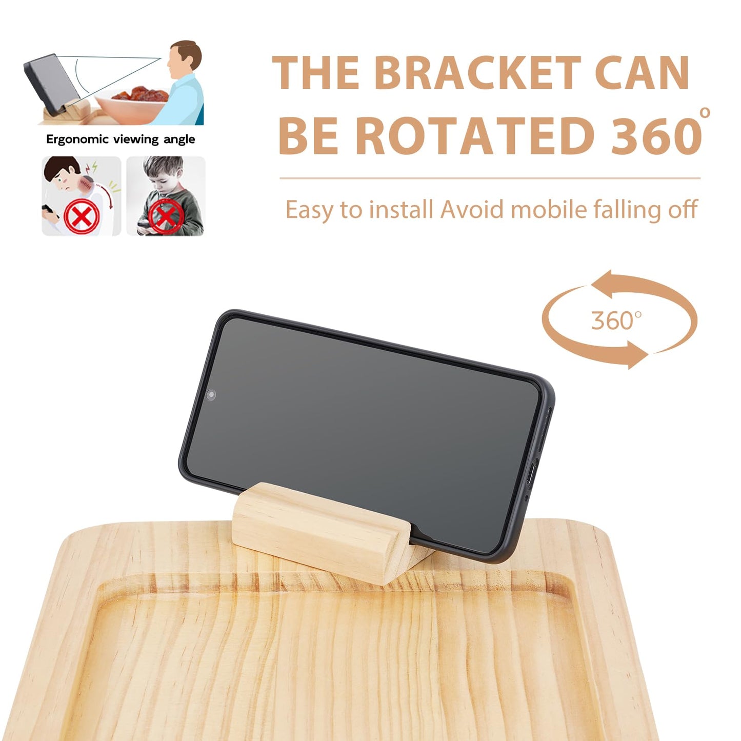 Natural Pine Sofa Armrest Tray,Drink Holder Arm with 360° Rotating Phone Stand. Holds Cups, Phones, Snacks, etc. Foldable & Clip-on Design