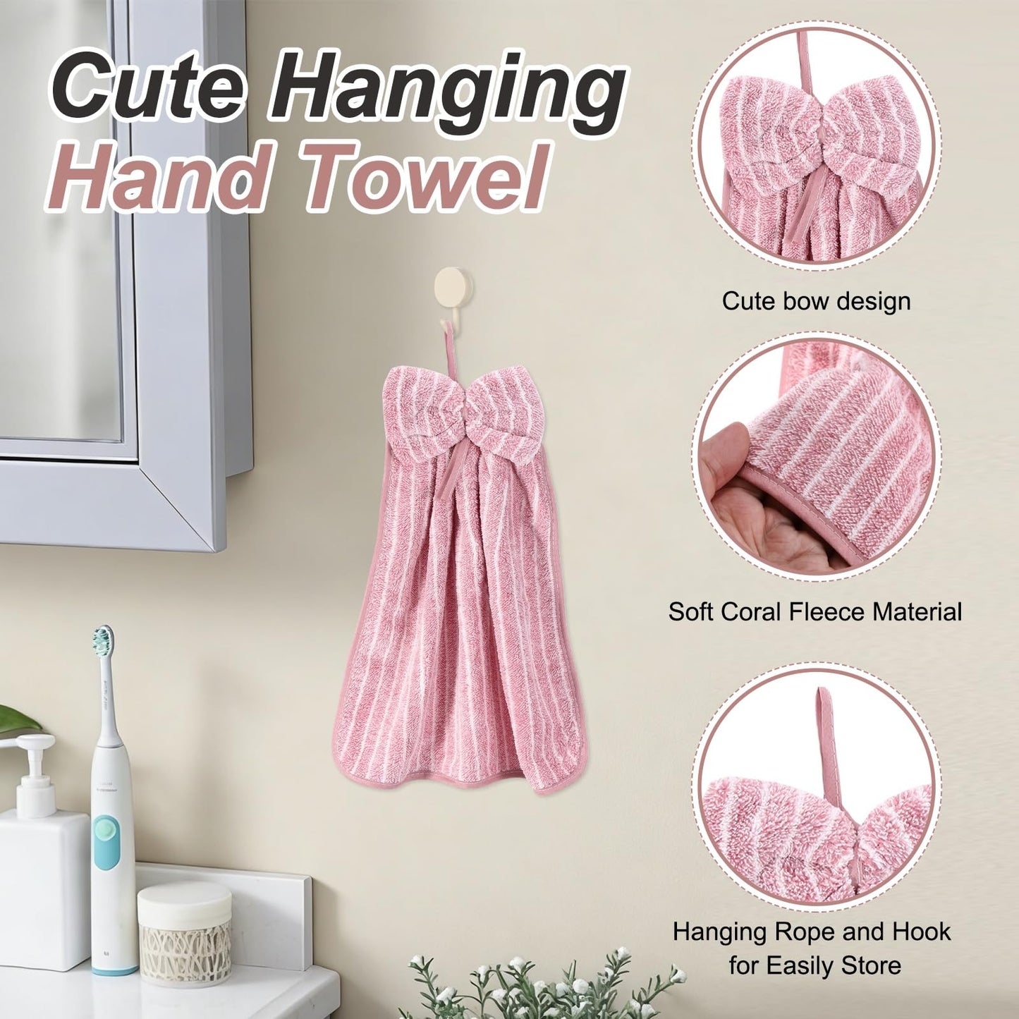 sourcing map 2Pcs Bow Hand Towels with Hanging Loop, 14.2" x 11.8" Soft Coral Fleece Microfiber Bowknot Hanging Hand Dry Towels Quick Dry and