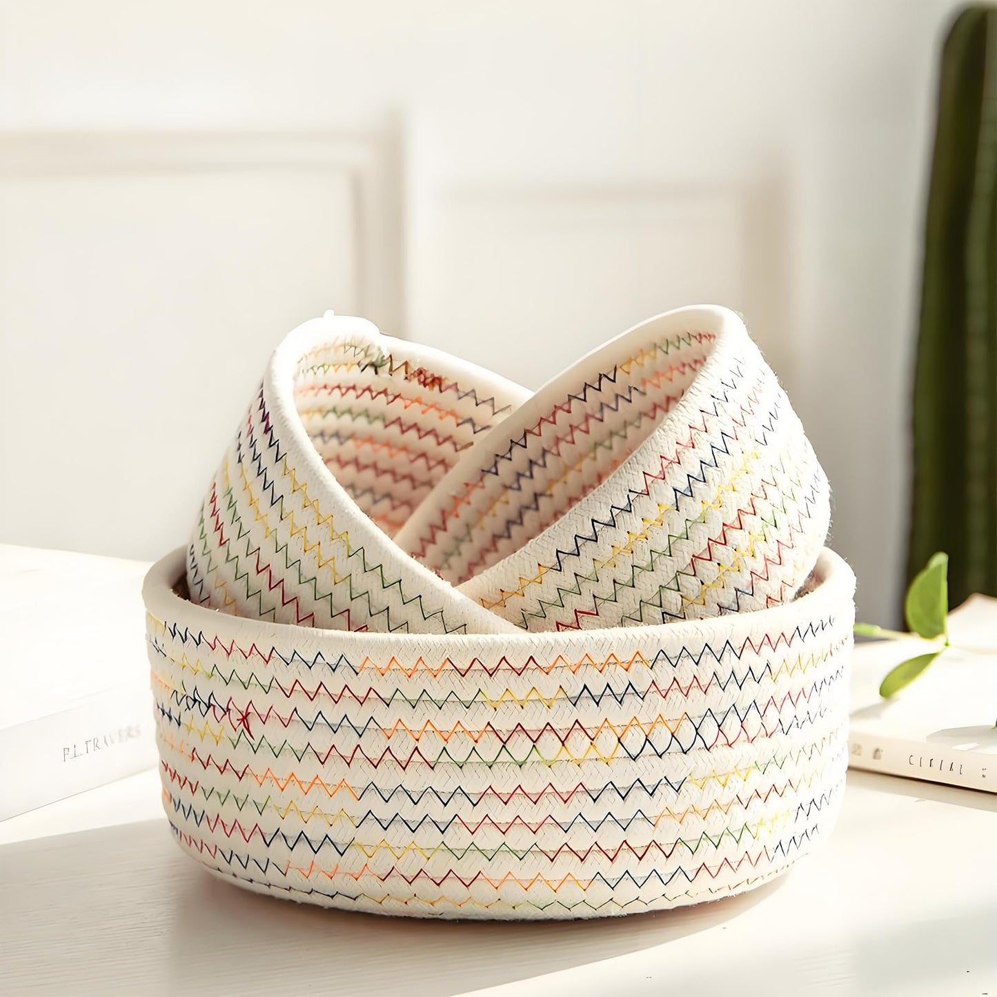 Lxoraziy Shelf Storage Baskets, Pack of 3 Cotton Rope Woven Bathroom Storage Basket, Stackable Set For Living Room, Bedroom, Office