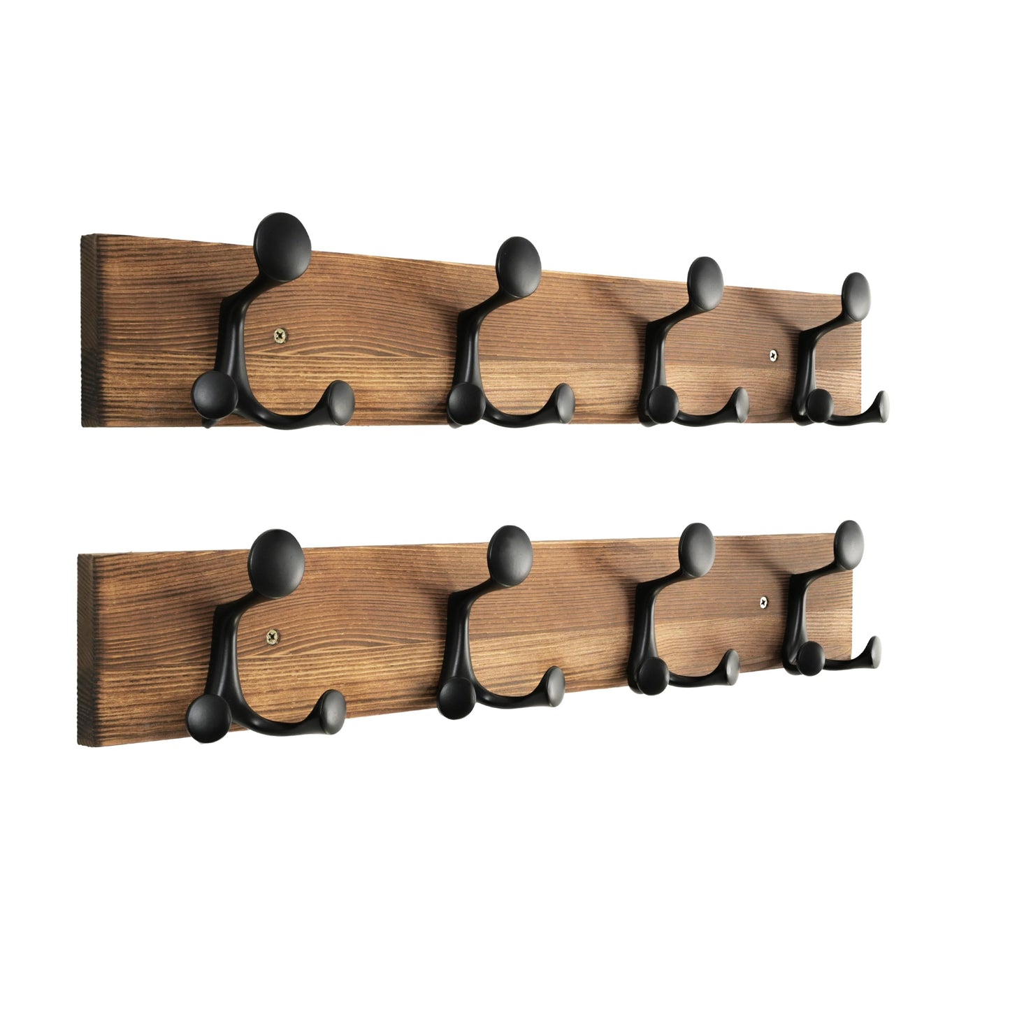 HONSKY Wall Mounted Coat Rack, 61cm Brown Pine Wood Base, 4 Black Sturdy Aluminium Alloy Triple Hooks(12 Hanging Points)
