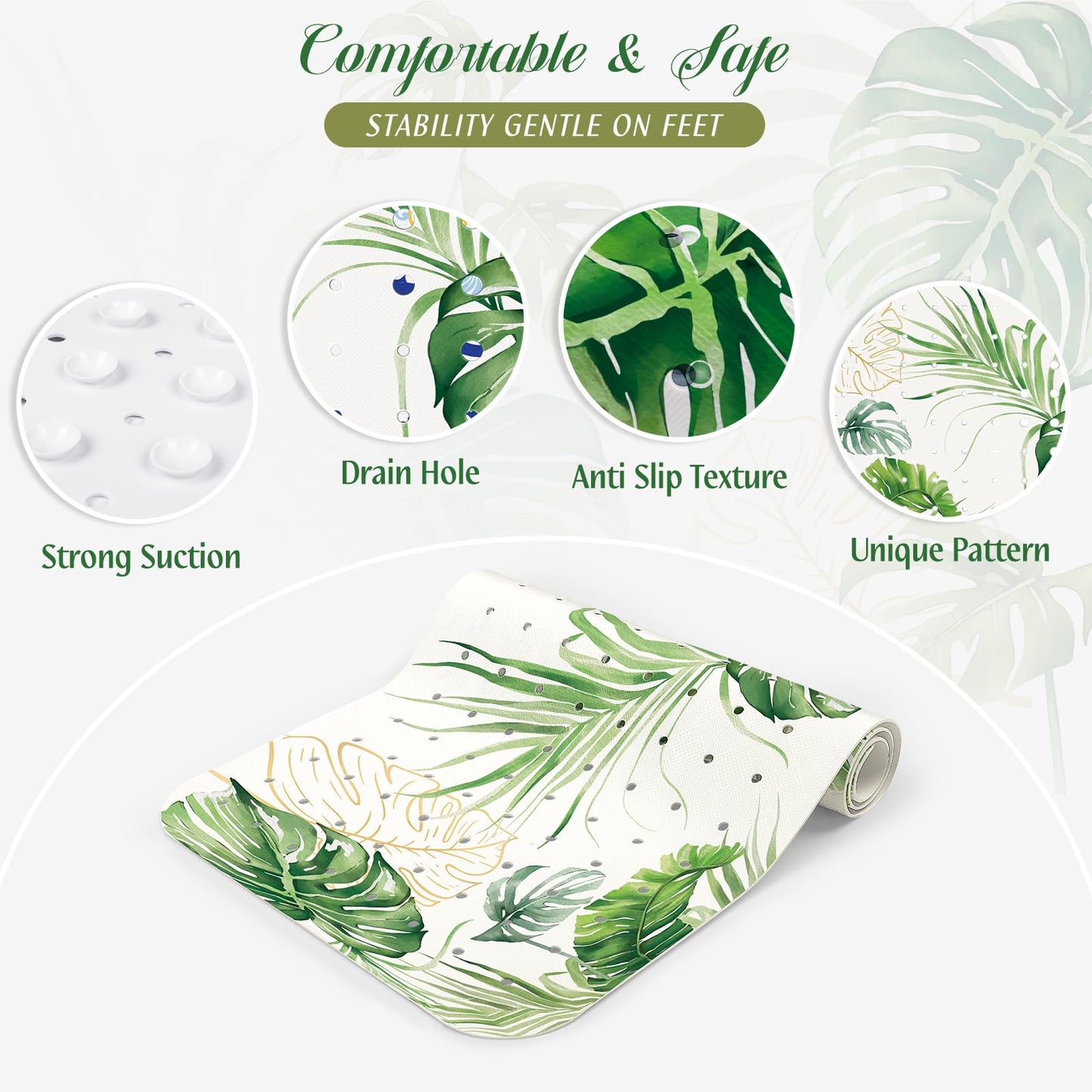 SHUCHING Tropical Leaves Shower Mat Non Slip Anti Mould, Green Bath Mat Non Slip Anti Mould 100 X 40 cm Extra Long