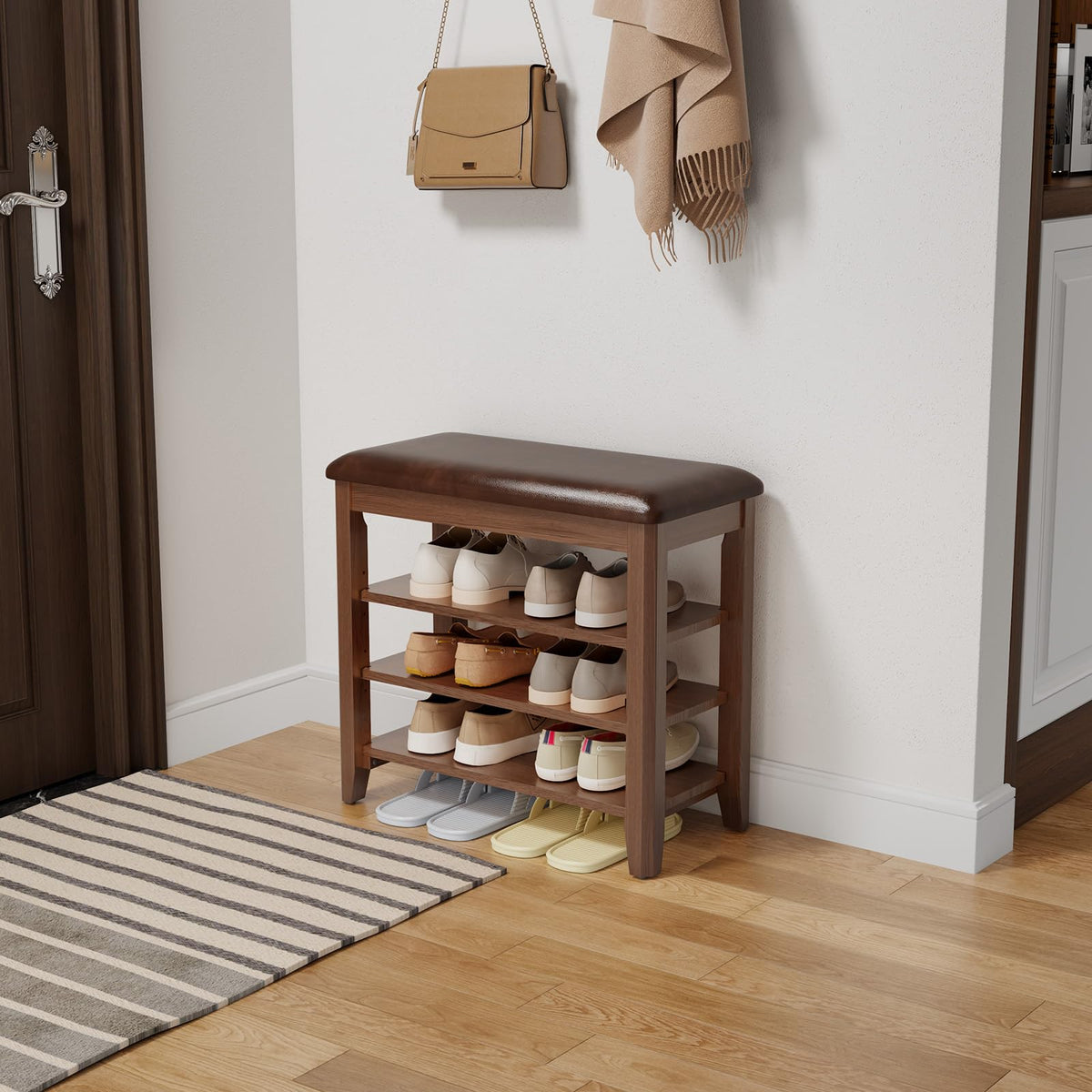 AQIMUELE Shoe Bench, Shoe Bench Storage with Seat, Wooden Shoe Rack 3-Tier, for Hallway, Entryway, Living Room, Bedroom, 60cm Walnut