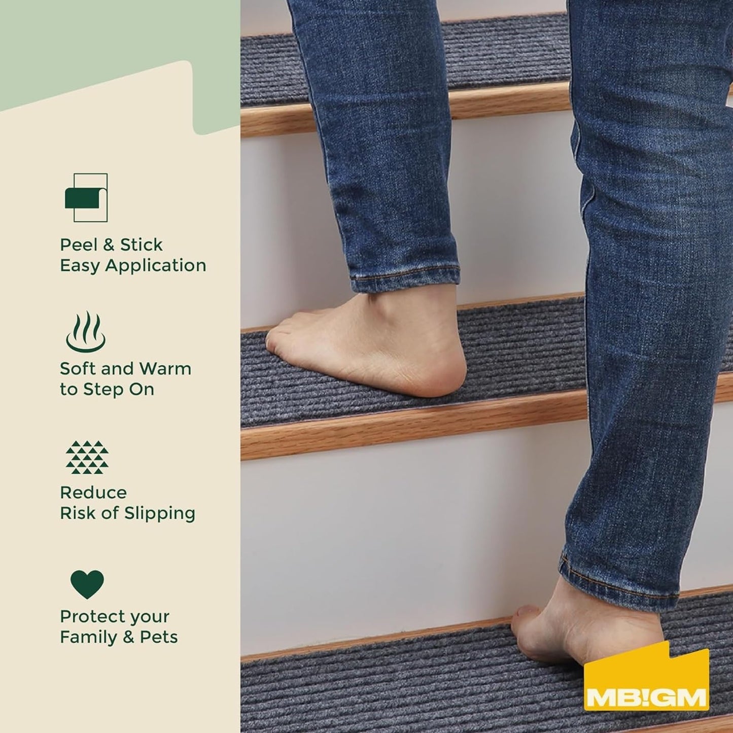 MBIGM 8" X 25.6" (15 Pack) Non Slip Carpet Stair Treads Non Skid Safety Rug Slip Resistant Indoor Runner for Kids Elders and Pets with Reusable