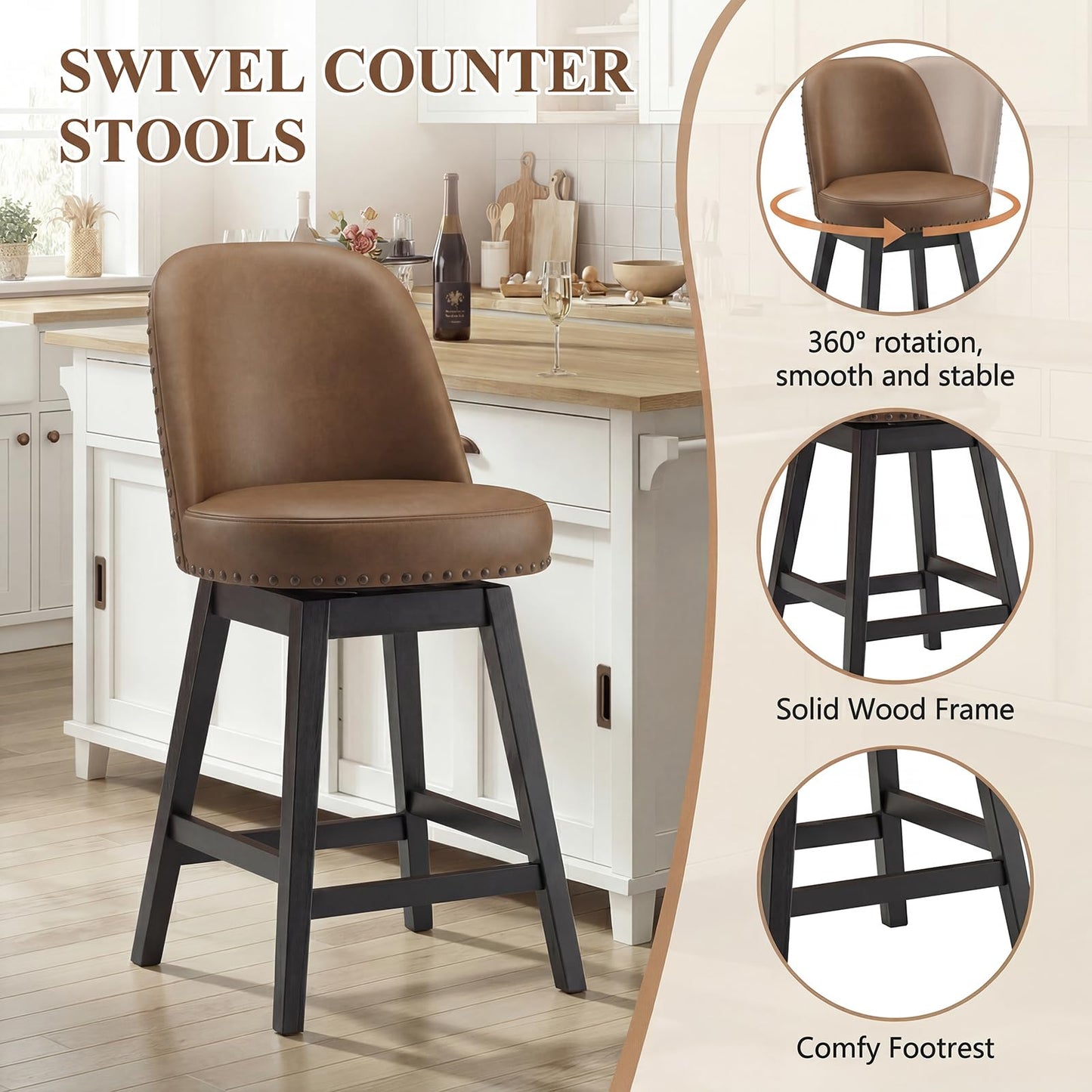 Bar Stools Set of 4, 360° Swivel Counter Stools with Upholstered Seat, Wooden Frame & Nailhead Trim