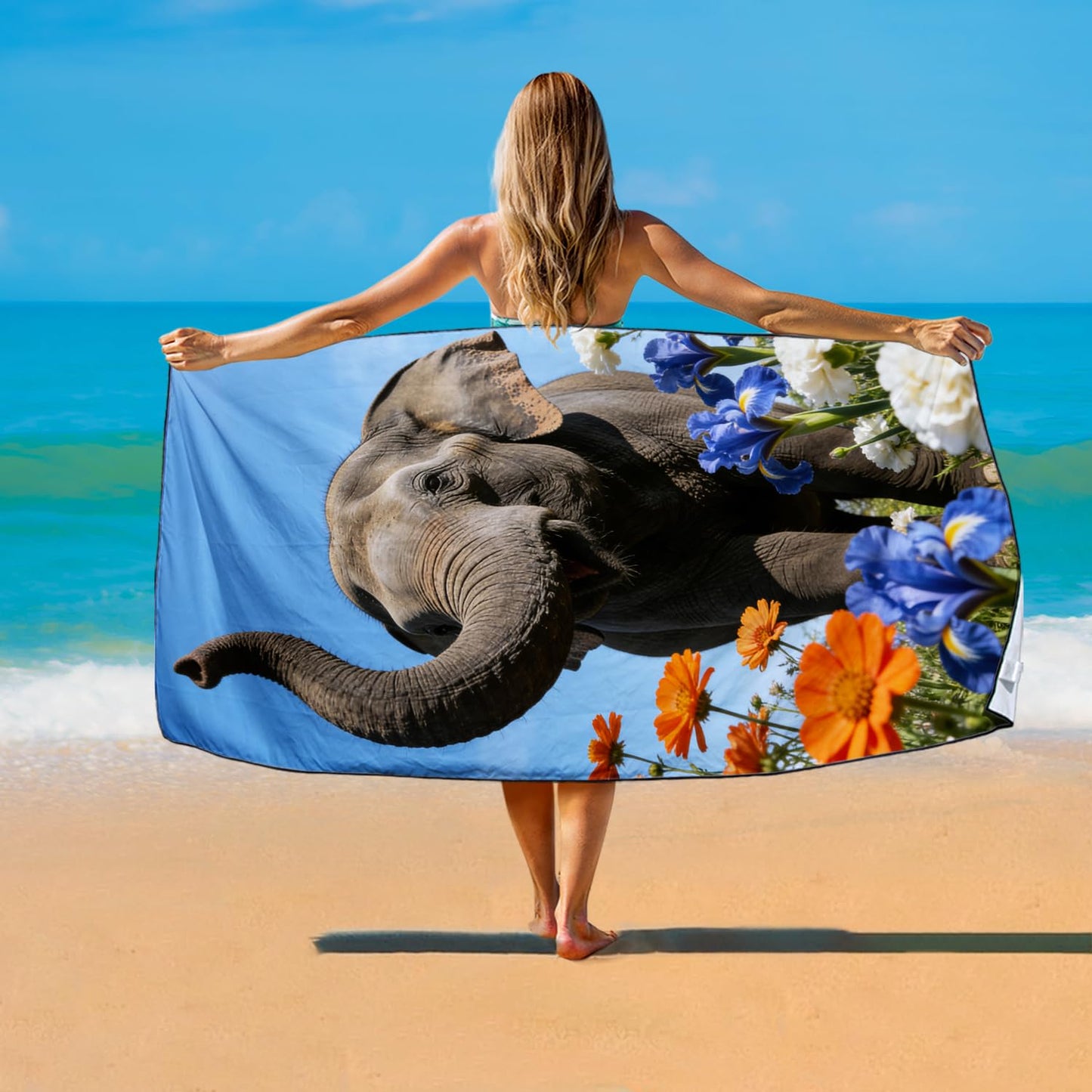 Violetpos Elephant in Irises & Cosmos Beach Towel, Extra Large 180x90 cm 250GSM Microfibre, Sand Free Quick Dry