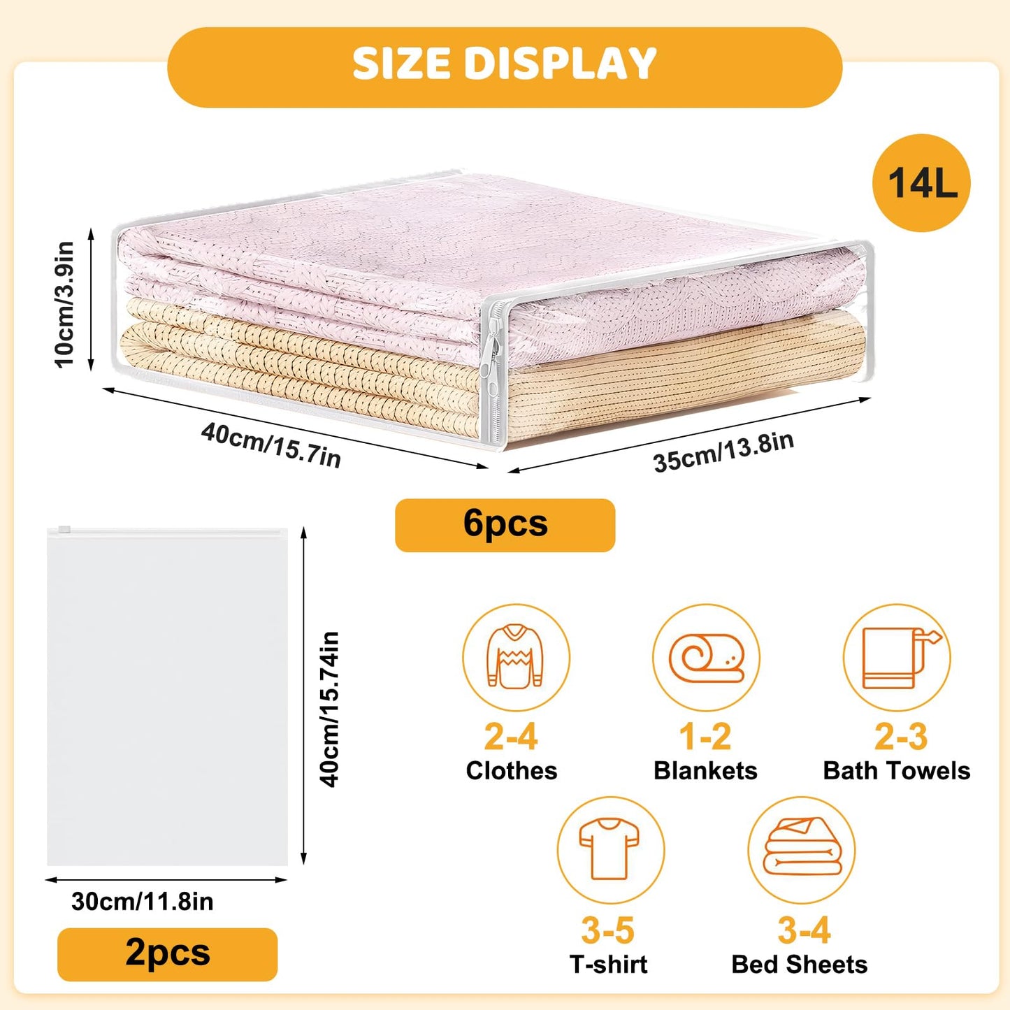 6 Pack Clear Storage Bags with Zips, 14L Foldable Clothes Storage Bags for Loft Wardrobe Closet Wardrobe Storage Organizer for Quilt Clothes Sweater
