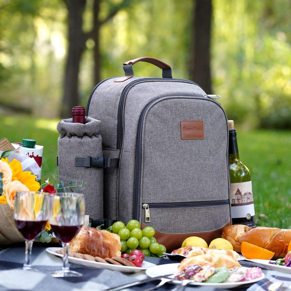 HappyPicnic Insulated Picnic Backpack for 4 Persons with Full Set of Tablewares, Roomy Cooler Compartment, Bottle Holders and Large Waterproof Picnic
