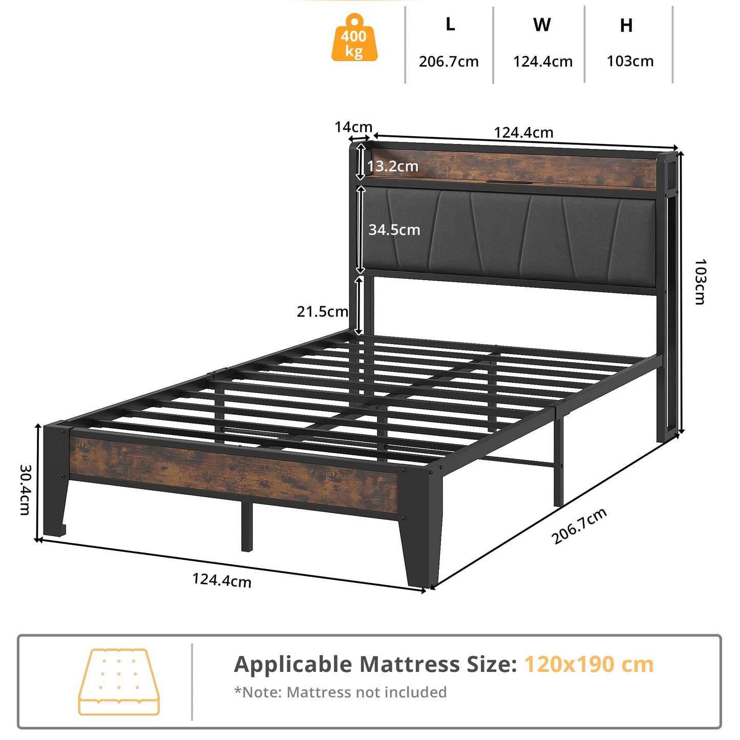 IRONCK Small Double Bed Frame with Storage Shelf Upholstered Headboard, Platform Bed Frame with Charging Station, Metal Bed Frame/UnderBed Storage