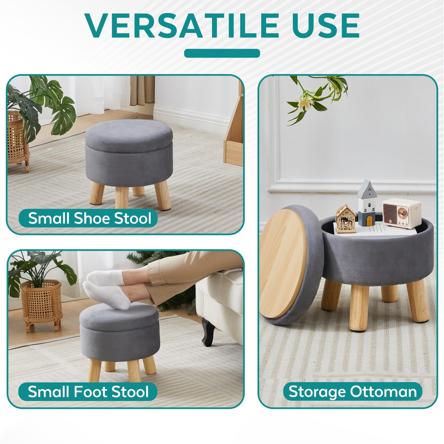 BRIAN & DANY Footstool with Storage, Small Storage Ottoman, Velvet Round Stool with Lid, Foot Stool with Legs for Living Room Entryway, Gray