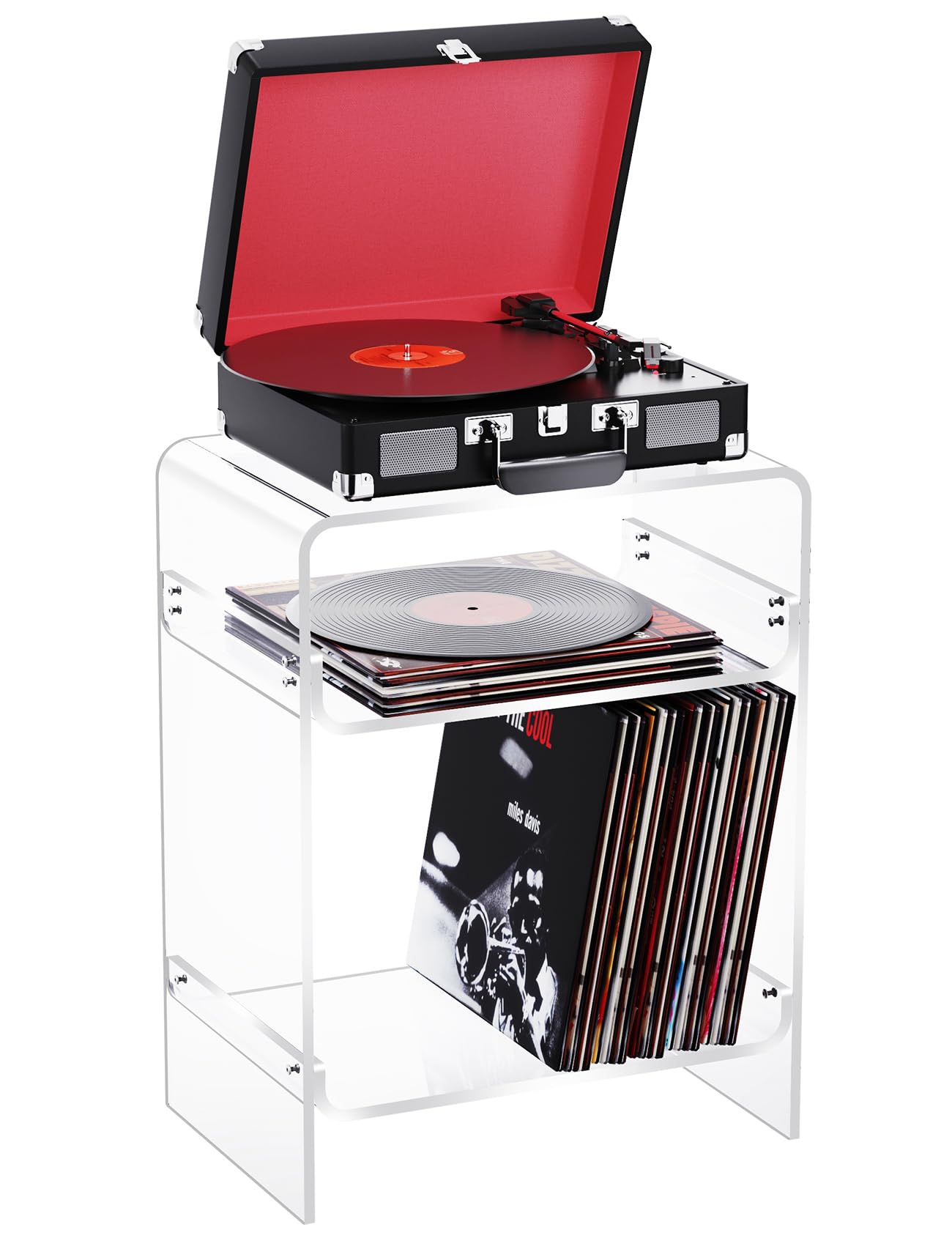 Dewrhiixe Acrylic Record Player Table with Storage Shelf, Clear Side Table, Nightstand (Clear, 45×30×58 cm, Acrylic)