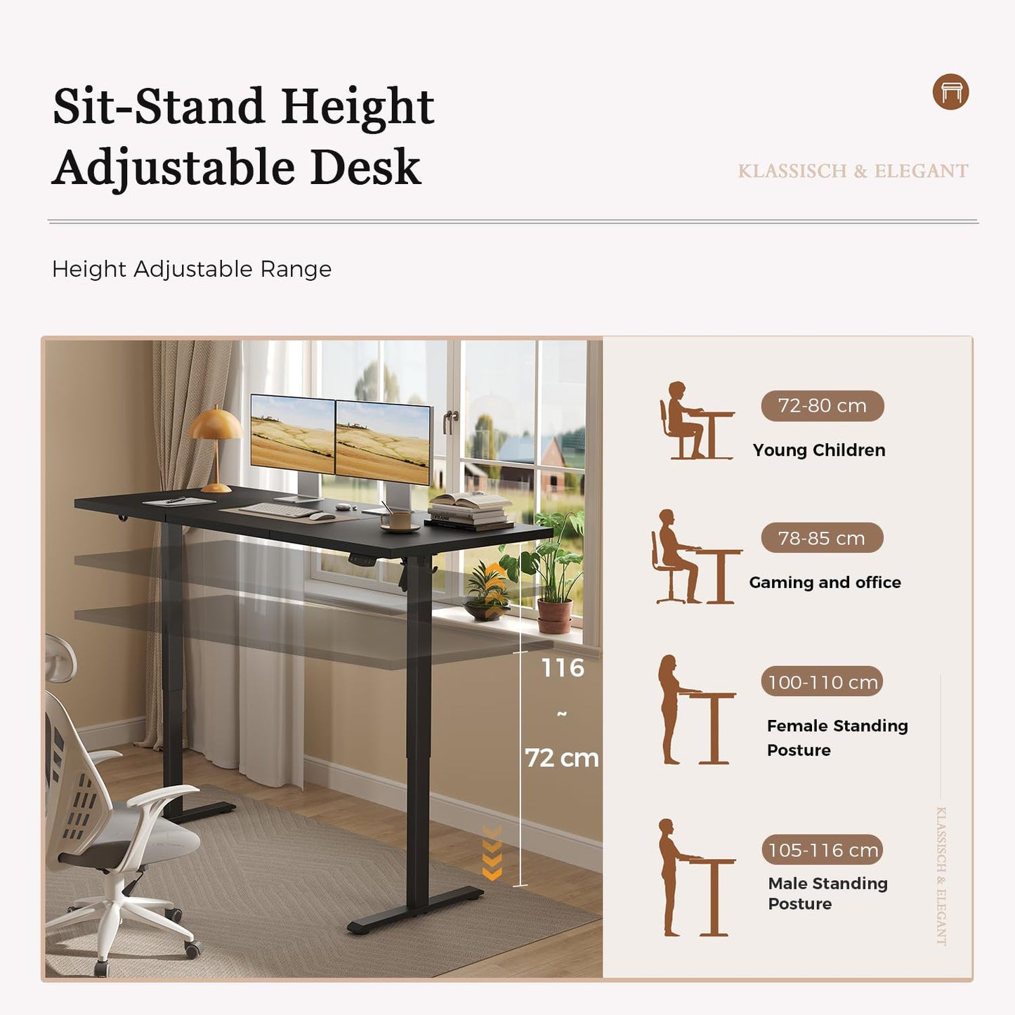 Klicelor Electric Standing Desk, 2 Memory Buttons for stand & sit, 120x60
