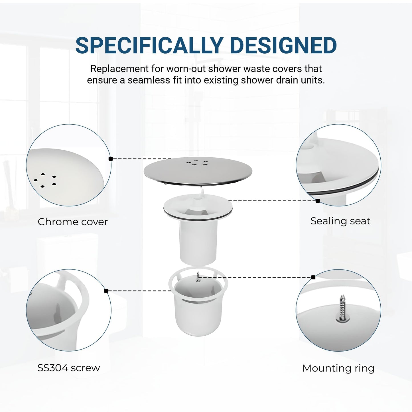 Shower Drain Cover 90mm/115mm | Fast Flow Chrome Waste Trap Replacement With Removable Hair Catcher | Shower Plughole Cover Insert For Shower Trays