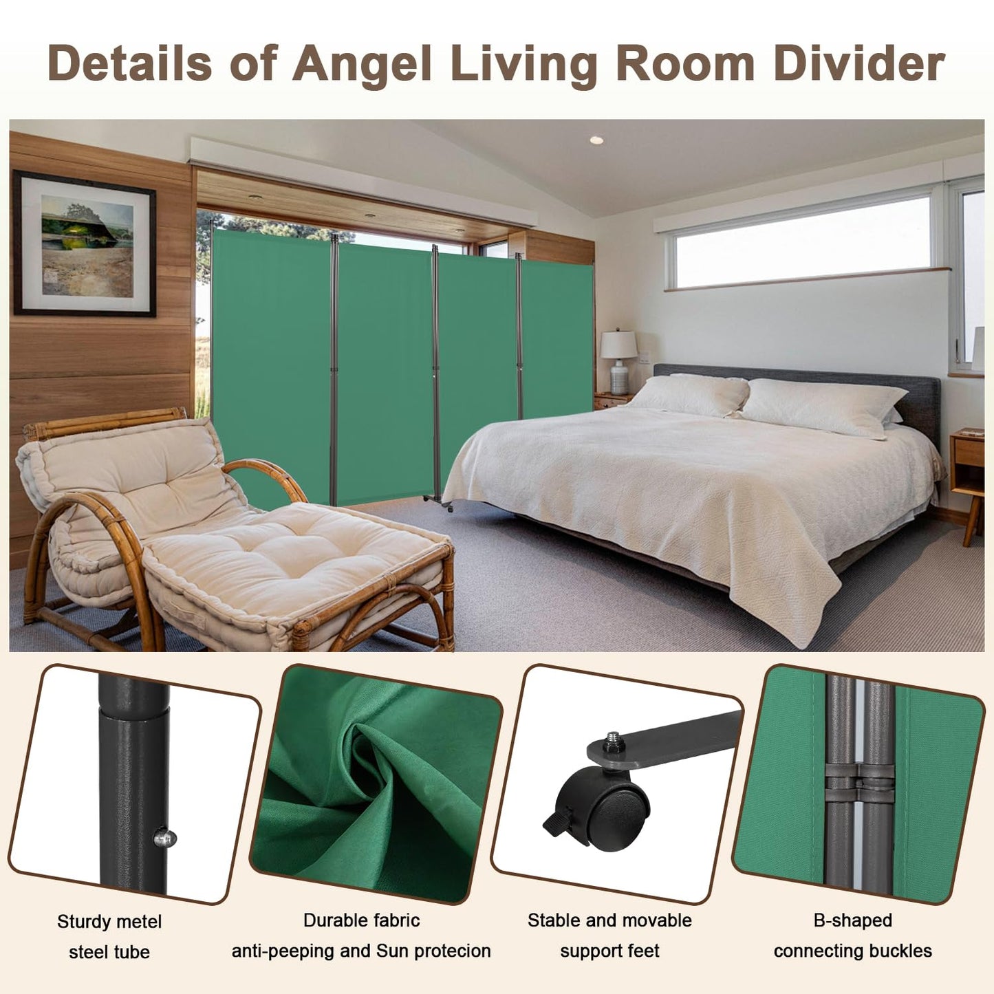 Angel Living 4 Panels Folding Room Divider, Privacy Screen Composed of Polyester Fabric and Sturdy Iron Frame