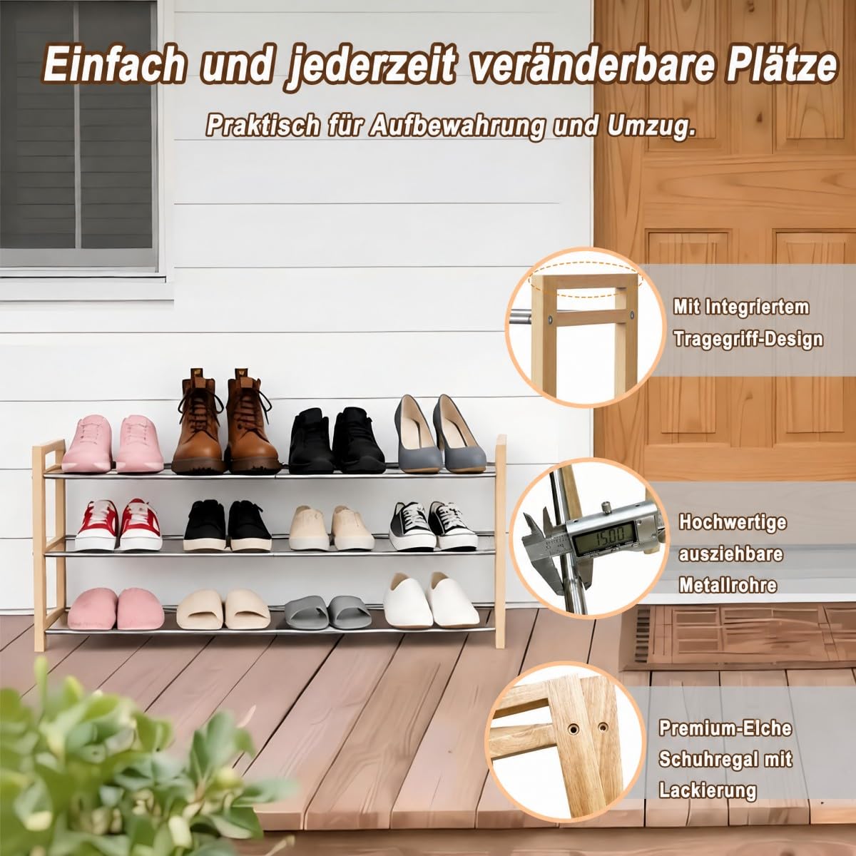 LEMIKKLE Shoe Rack Wooden, 3-Tier Oak Shoe Rack Expandable Stainless Steel Design, Ideal for Small Shoe Storage for Narrow Space