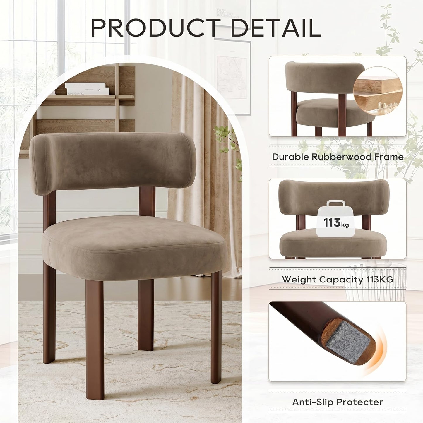 COLAMY Wooden Dining Chairs Set of 4, Velvet Fabric Chairs for Dining Room with Open Curved Backrest and Thick Seat Cushion