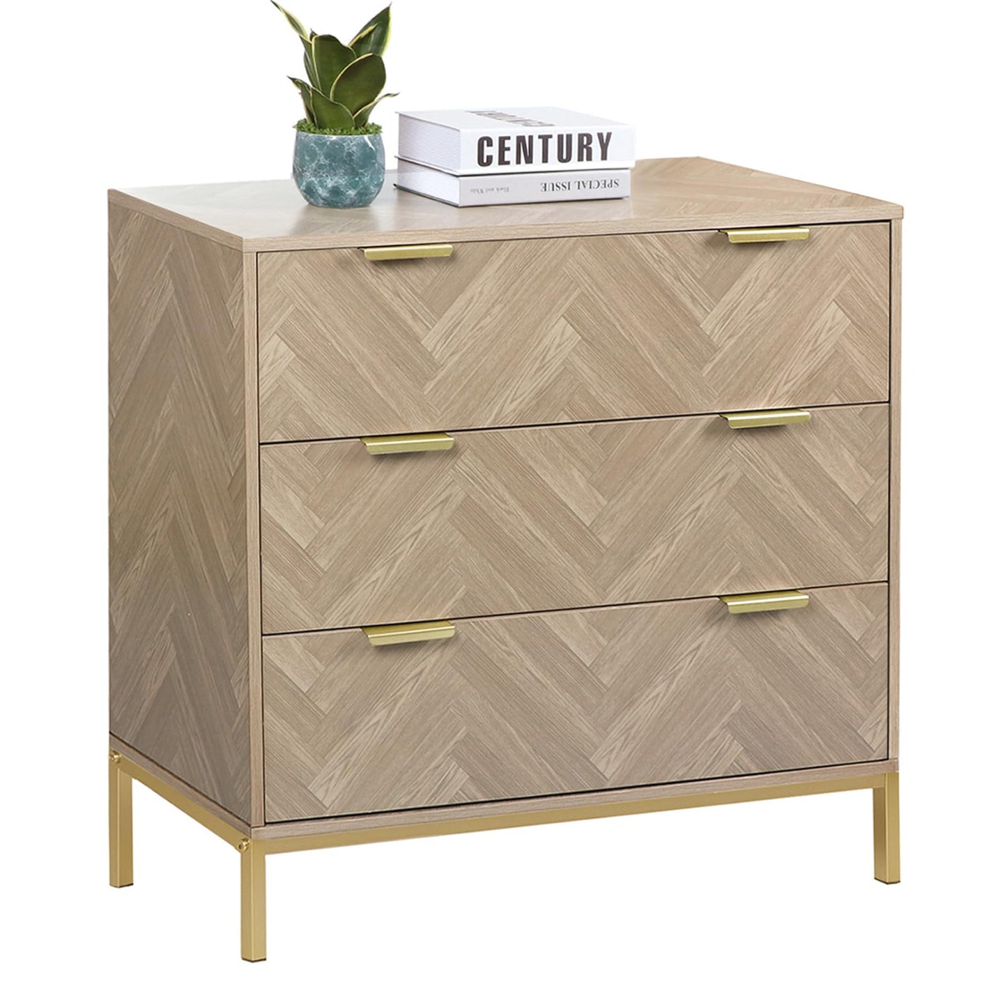 Skokliz Modern 3 Drawer Chest of Drawers for Bedroom, Mid Century Natural Oak Modern Dresser Wooden Storage Unit Bedroom Furniture with Spacious