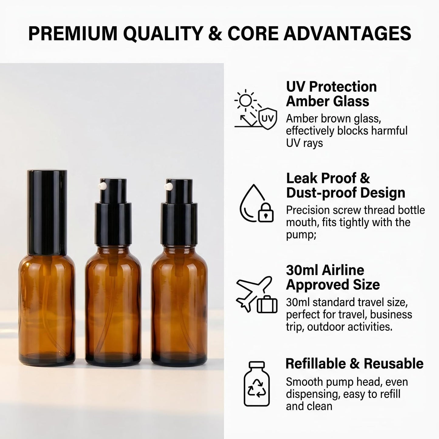 ASTRQLE 3Pcs 30ml/1oz Empty Amber Glass Lotion Pump Dispenser Bottles