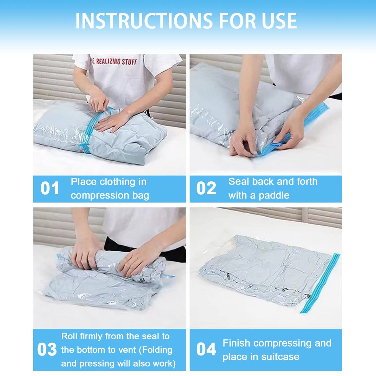 KEYRI 6 PCS Travel Roll Up Storage Bags - Vacuum Compression Bags for Suitcases, Bedding - No Pump Needed - 60 x 40 cm (6 Pieces)