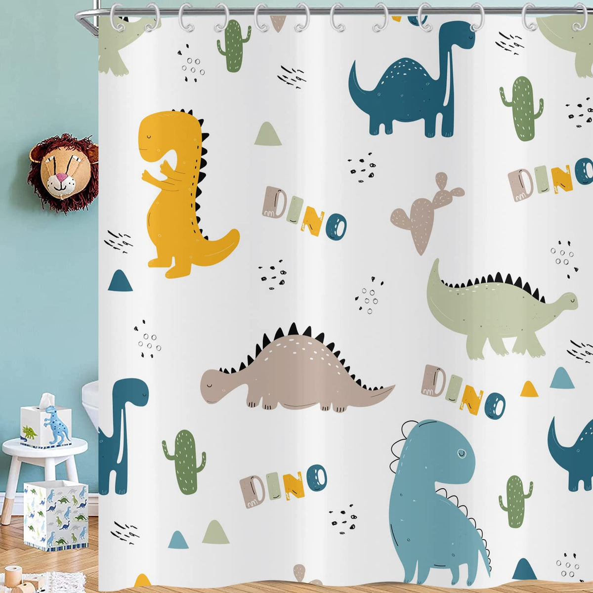 Hnmdmyi Cartoon Dinosaur Shower Curtain 180x200, Colorful Funny Animal Graffiti Cute Dino Children Kids Bathroom Curtains with Hooks Waterproof