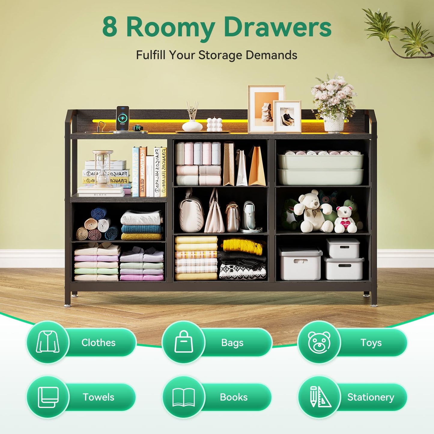 ODK Black Chest of Drawers Bedroom, 8 Large Fabric Drawers, 110x30x88